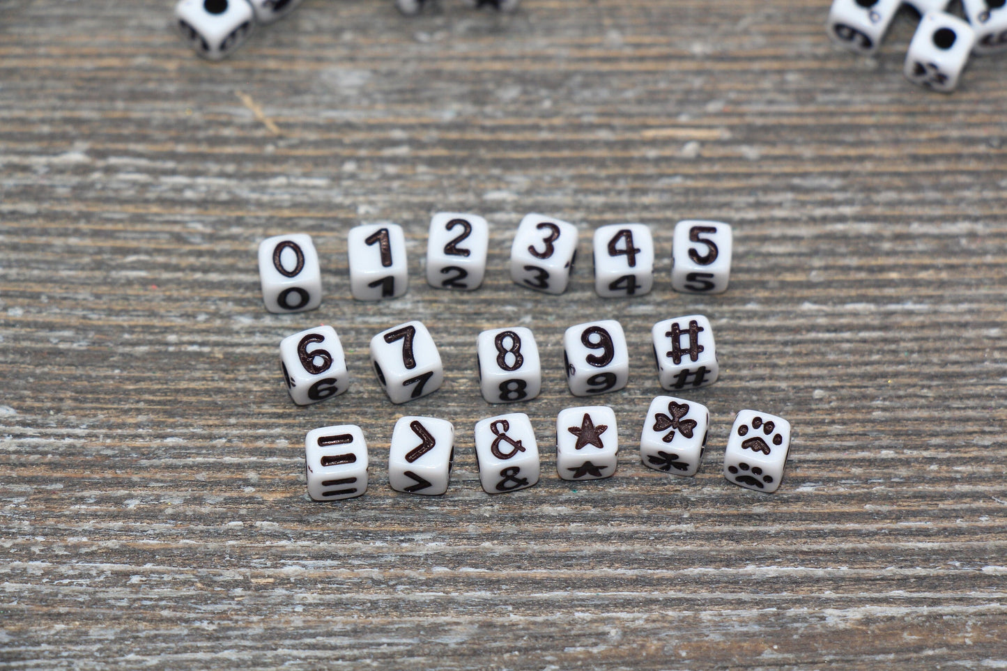Cube Number Beads, Cube Symbol Beads, White with Black Acrylic Number Beads, Acrylic Square Beads, Slider Beads, Size 5mm #725