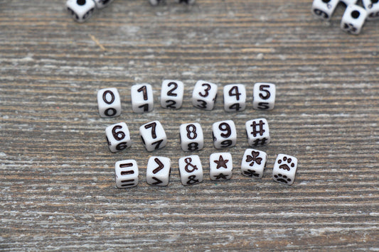 Cube Number Beads, Cube Symbol Beads, White with Black Acrylic Number Beads, Acrylic Square Beads, Slider Beads, Size 5mm #725