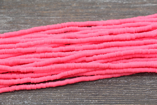 4mm Punch Pink Heishi Beads, Polymer Clay Disc Beads, African Disc Beads, Vinyl Heishi, 16 inch Strand #560