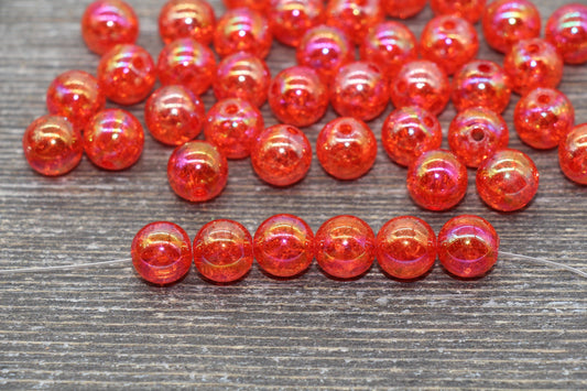 10mm Red AB Gumball Beads, Iridescent Acrylic Crackle Loose Beads, Bubblegum Beads, Chunky Beads, Smooth Round Plastic Beads #339