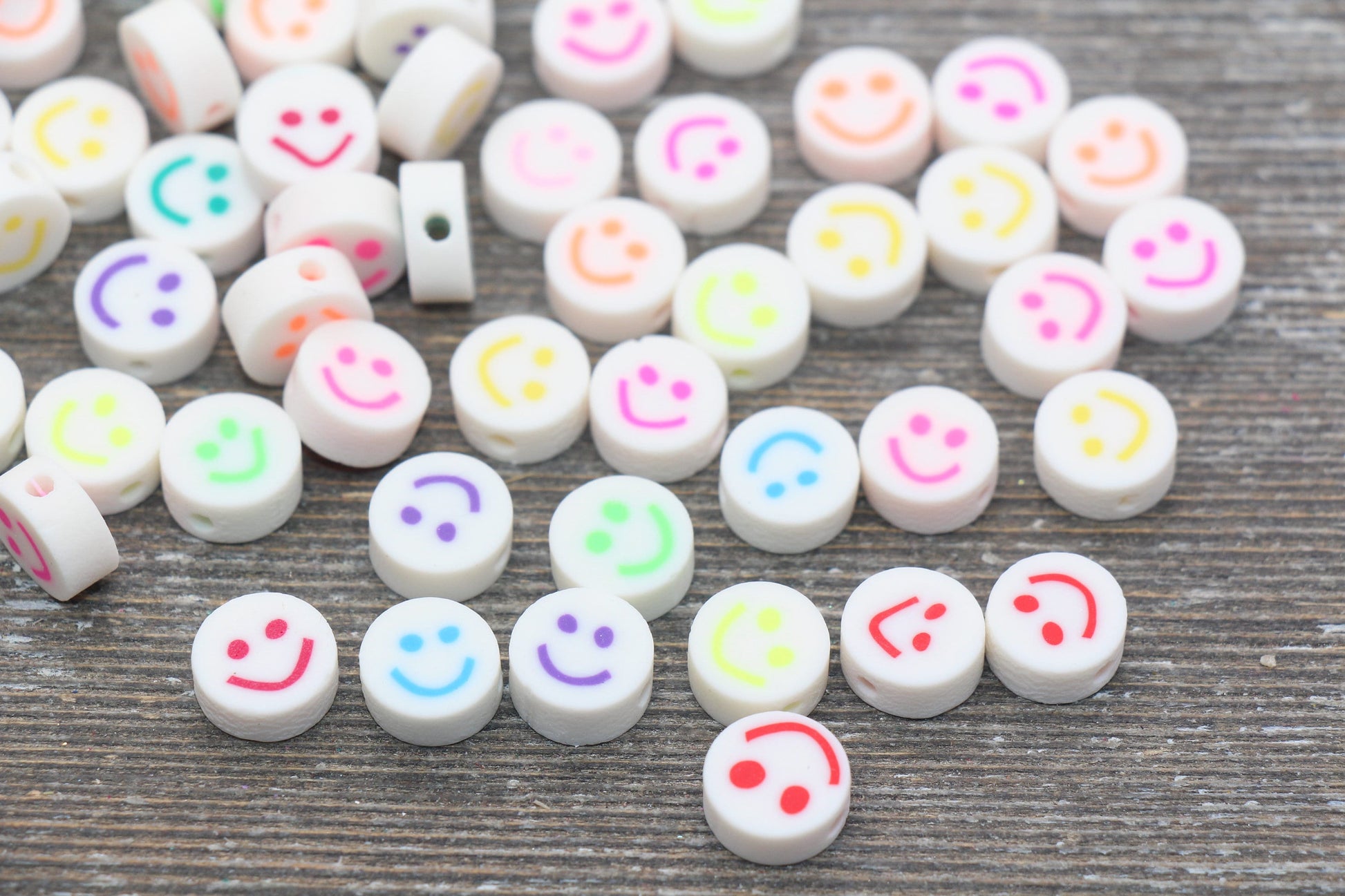 Smiley Face Polymer Clay Beads, Mix Color Smiley Face Fimo Cane Beads, Assorted Happy Face Emoji Beads, Rainbow Happy Face Slice Beads #52
