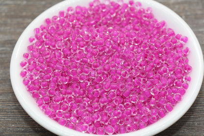 Transparent Glass Beads with Fuchsia Lined, 4mm 6/0 Glass Round Beads, Pink Lined Seed Beads, Rocailles Beads, Beading Supplies #2093