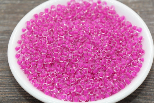 Transparent Glass Beads with Fuchsia Lined, 4mm 6/0 Glass Round Beads, Pink Lined Seed Beads, Rocailles Beads, Beading Supplies #2093