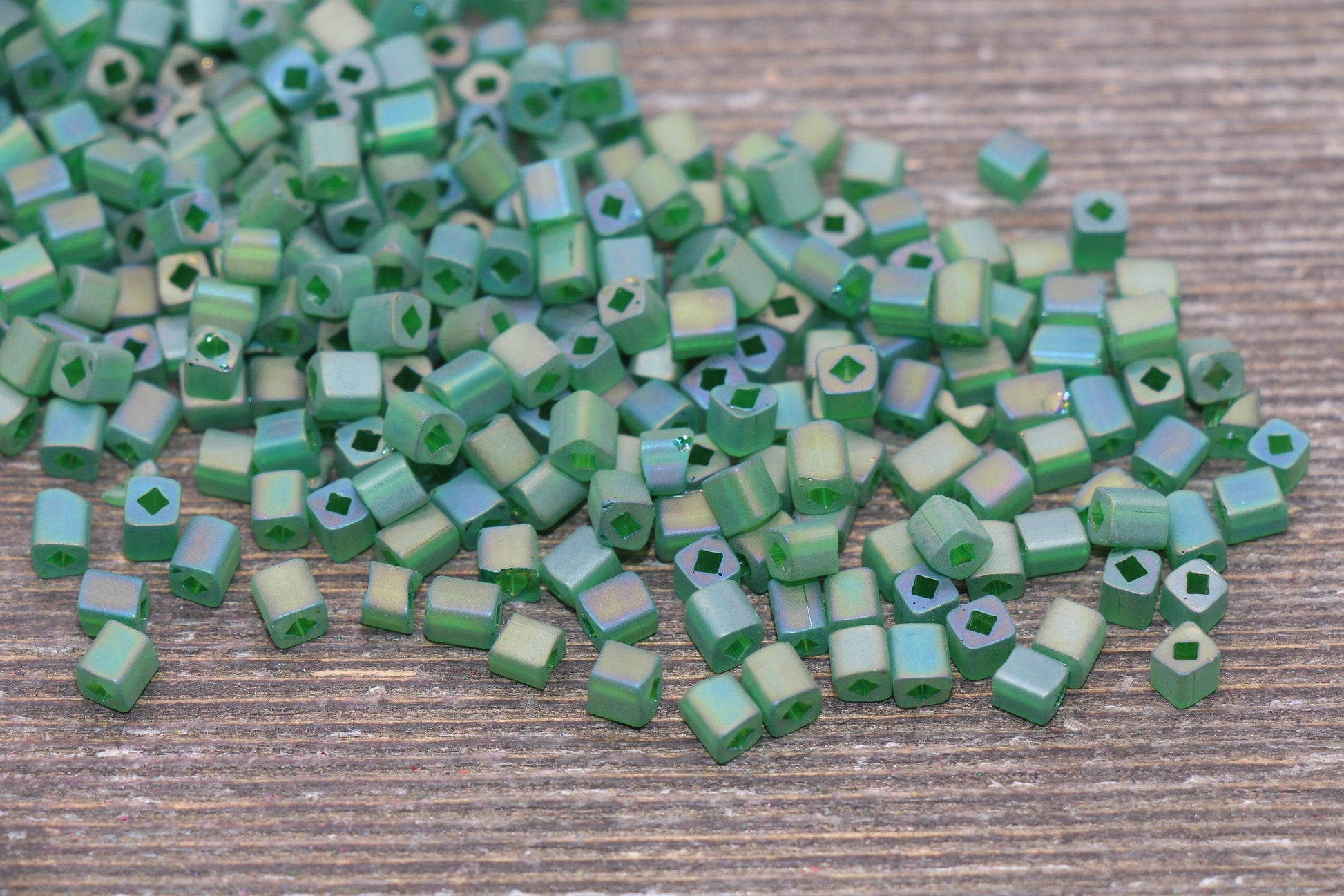 Matte Square Glass Seed Beads, 4mm Cube Glass Beads, Frosted Green AB Square Seed Beads, Iridescent Glass Beads, Beading Supplies #2099