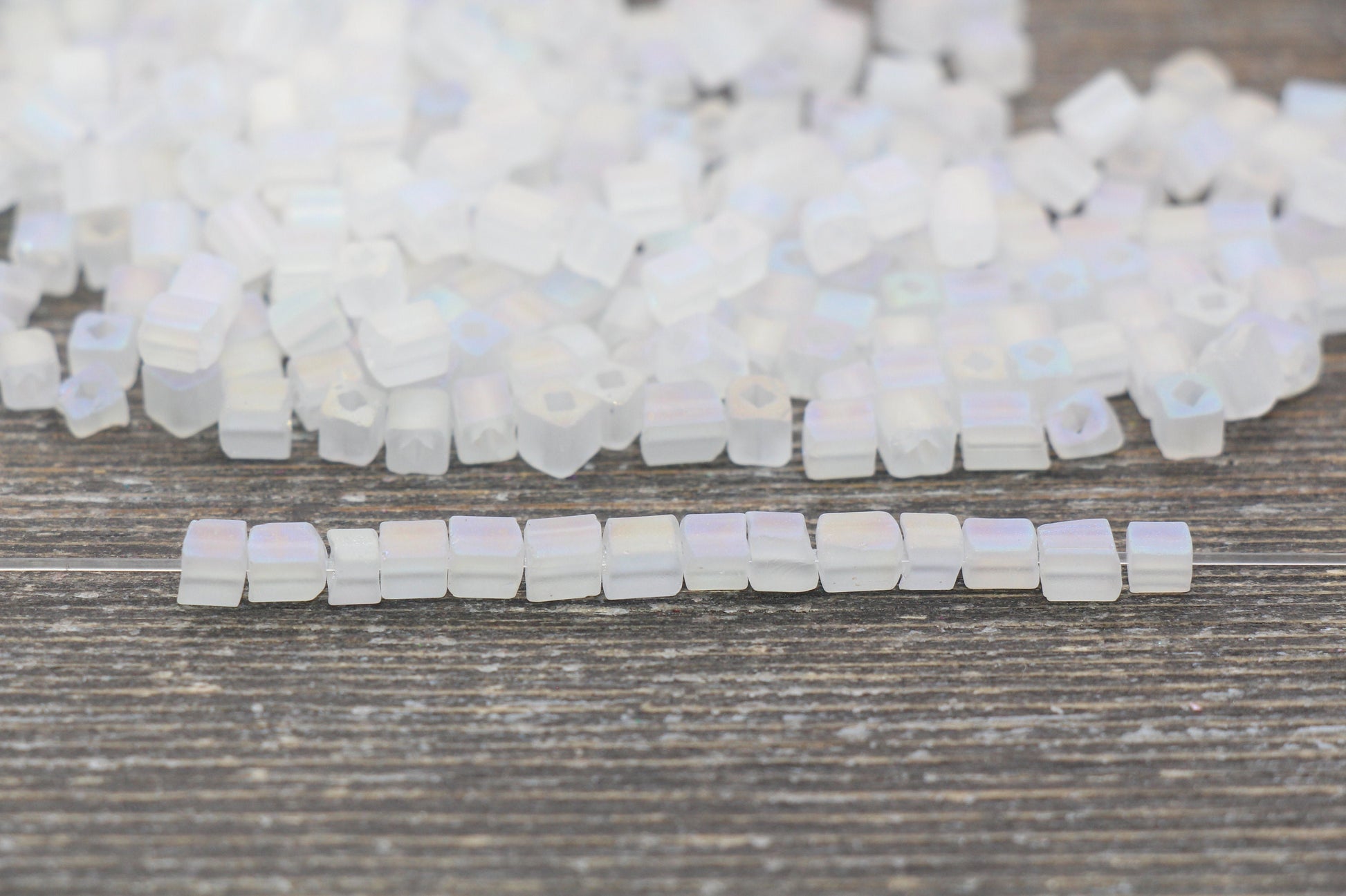 Matte Square Glass Seed Beads, 4mm Cube Glass Beads, Frosted White AB Square Seed Beads, Iridescent Glass Beads, Beading Supplies #2101