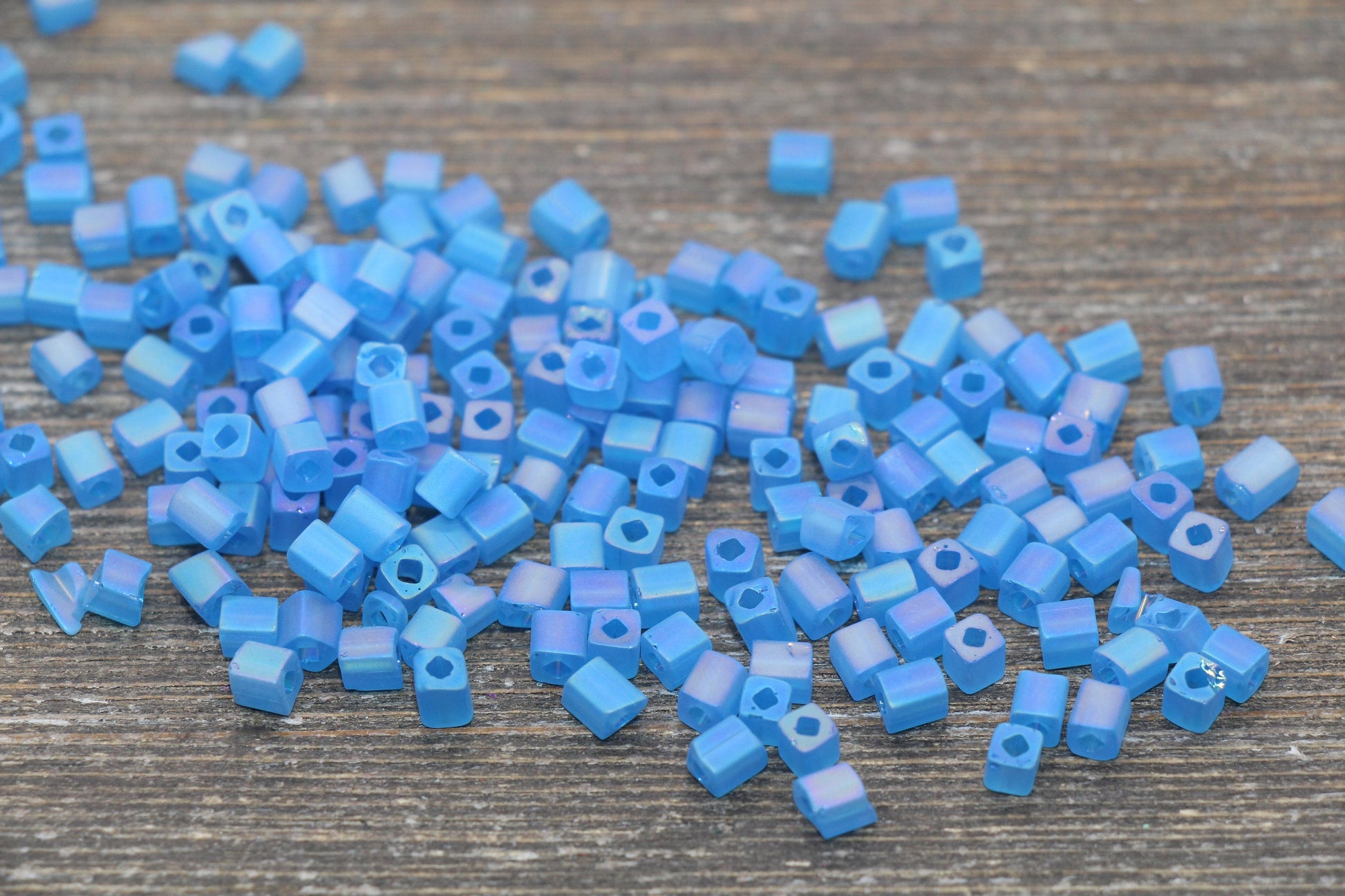 Matte Square Glass Seed Beads, 4mm Cube Glass Beads, Frosted Blue AB Square Seed Beads, Iridescent Glass Beads, Beading Supplies #2103