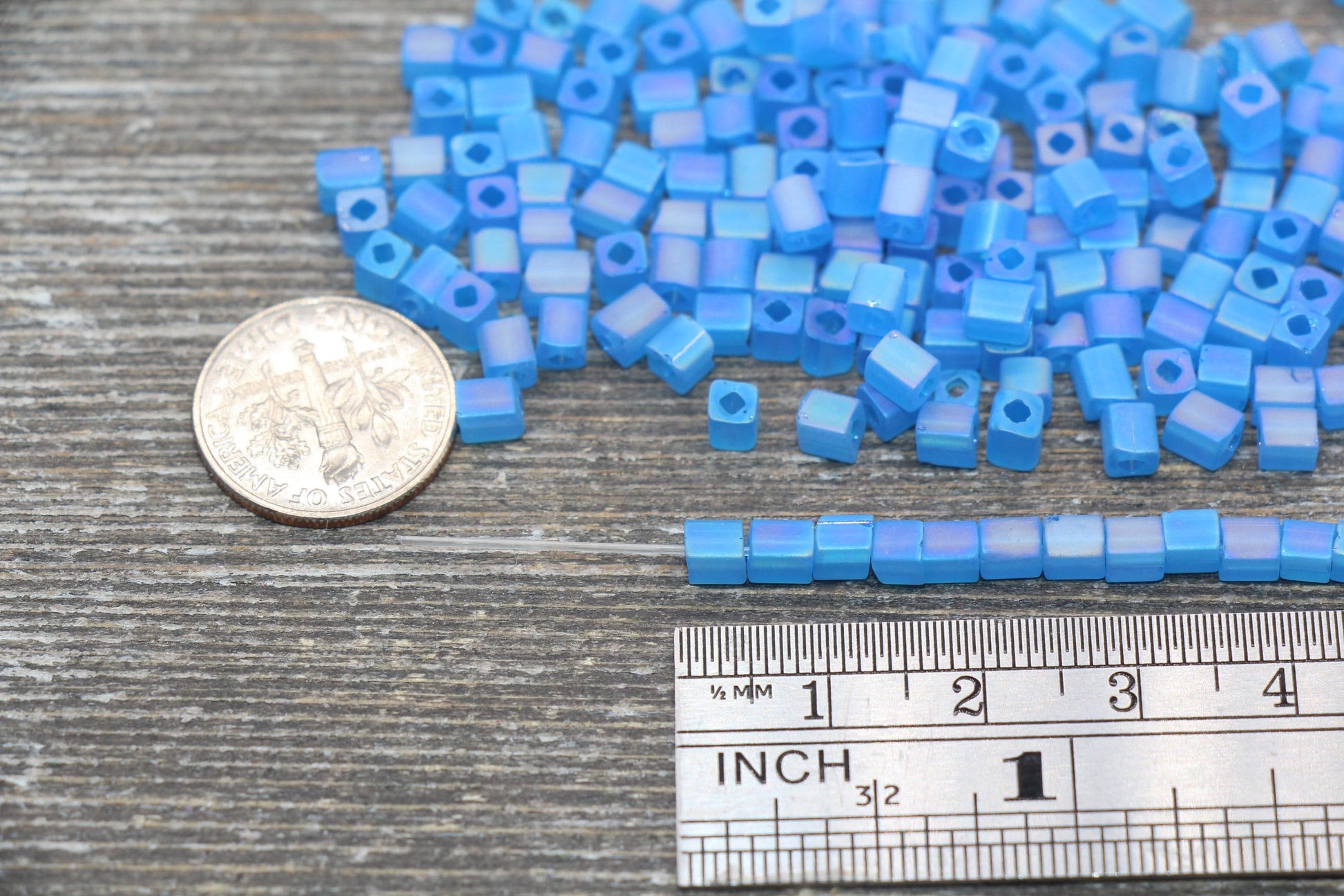 Matte Square Glass Seed Beads, 4mm Cube Glass Beads, Frosted Blue AB Square Seed Beads, Iridescent Glass Beads, Beading Supplies #2103