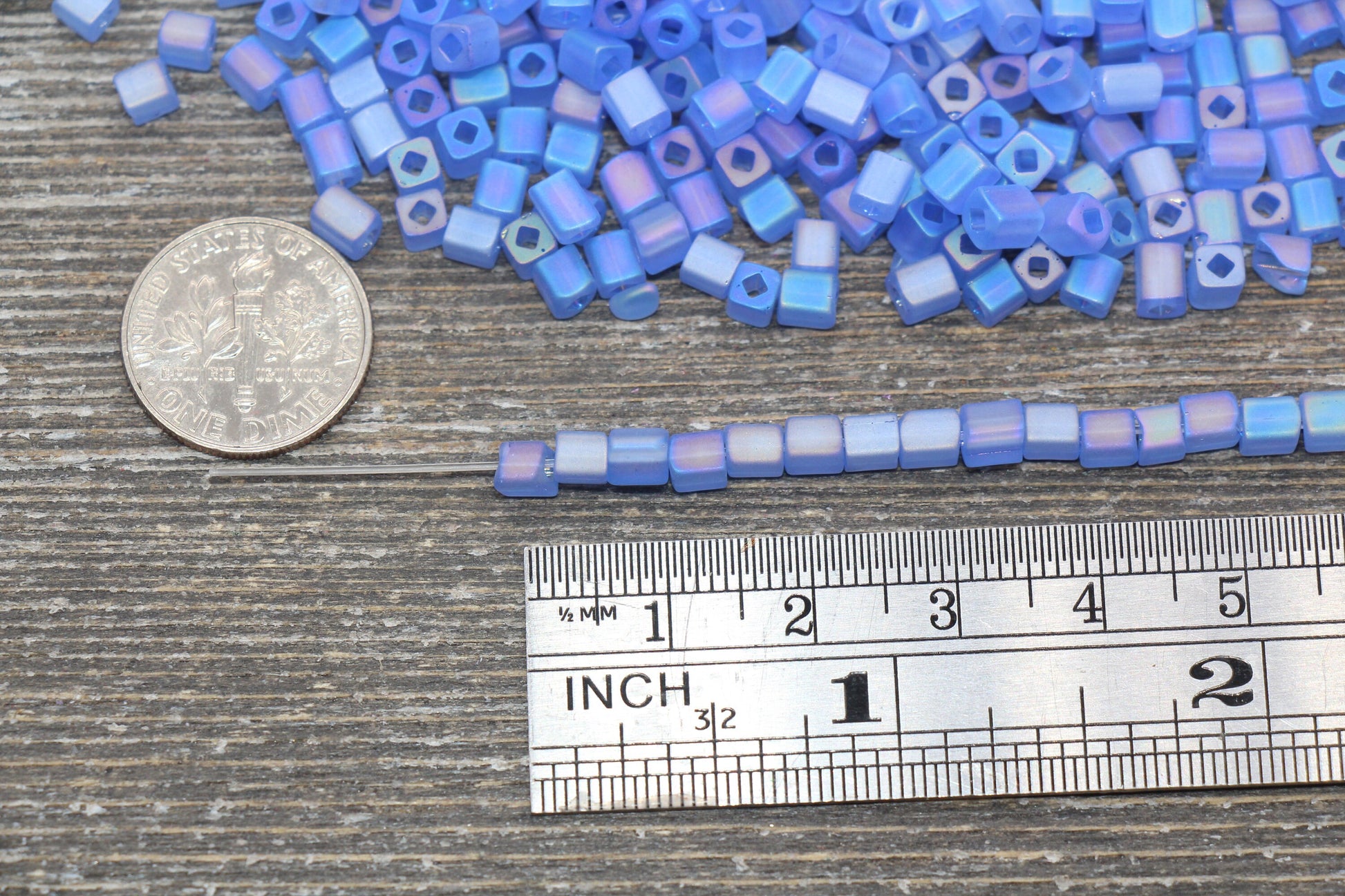 Matte Square Glass Seed Beads, 4mm Cube Glass Beads, Frosted Blue AB Square Seed Beads, Iridescent Glass Beads, Beading Supplies #2105