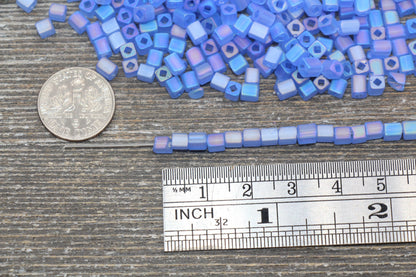 Matte Square Glass Seed Beads, 4mm Cube Glass Beads, Frosted Blue AB Square Seed Beads, Iridescent Glass Beads, Beading Supplies #2105