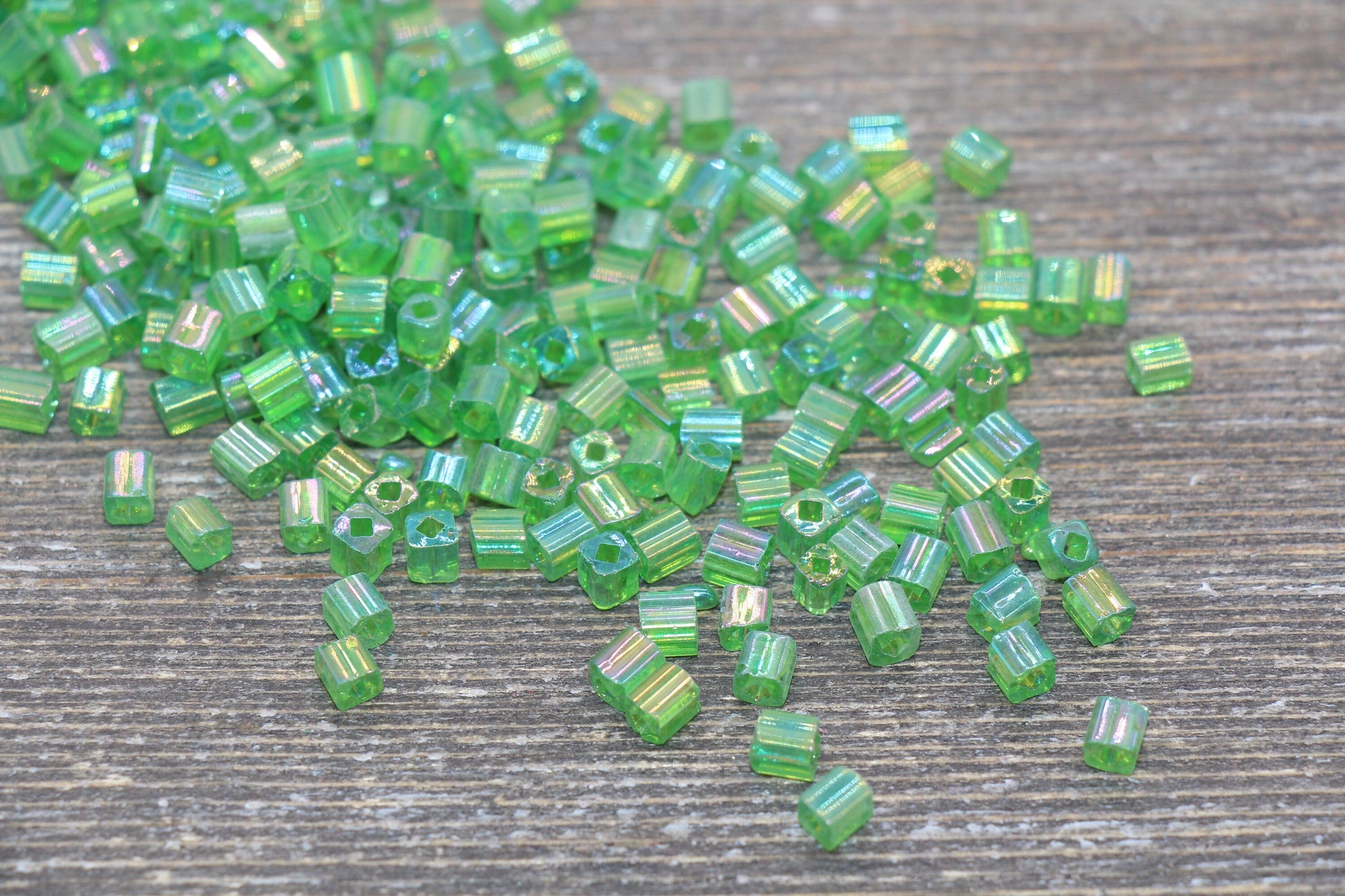 Iridescent Square Glass Beads, 4mm Cube Glass Beads, Sparkle Glass Beads, Transparent Green AB Square Seed Beads, Beading Supplies #2112