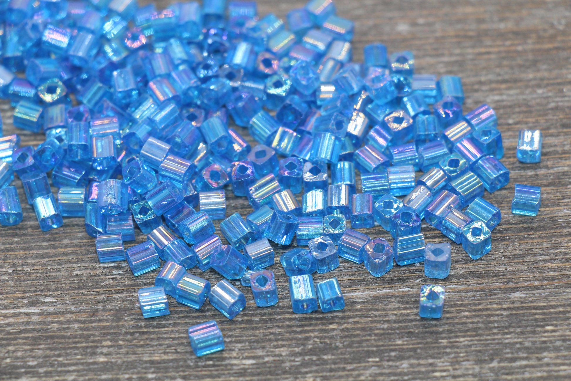 Iridescent Square Glass Beads, 4mm Cube Glass Beads, Sparkle Glass Beads, Transparent Blue AB Square Seed Beads, Beading Supplies #2113