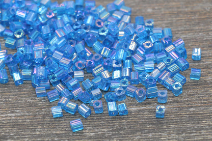 Iridescent Square Glass Beads, 4mm Cube Glass Beads, Sparkle Glass Beads, Transparent Blue AB Square Seed Beads, Beading Supplies #2113