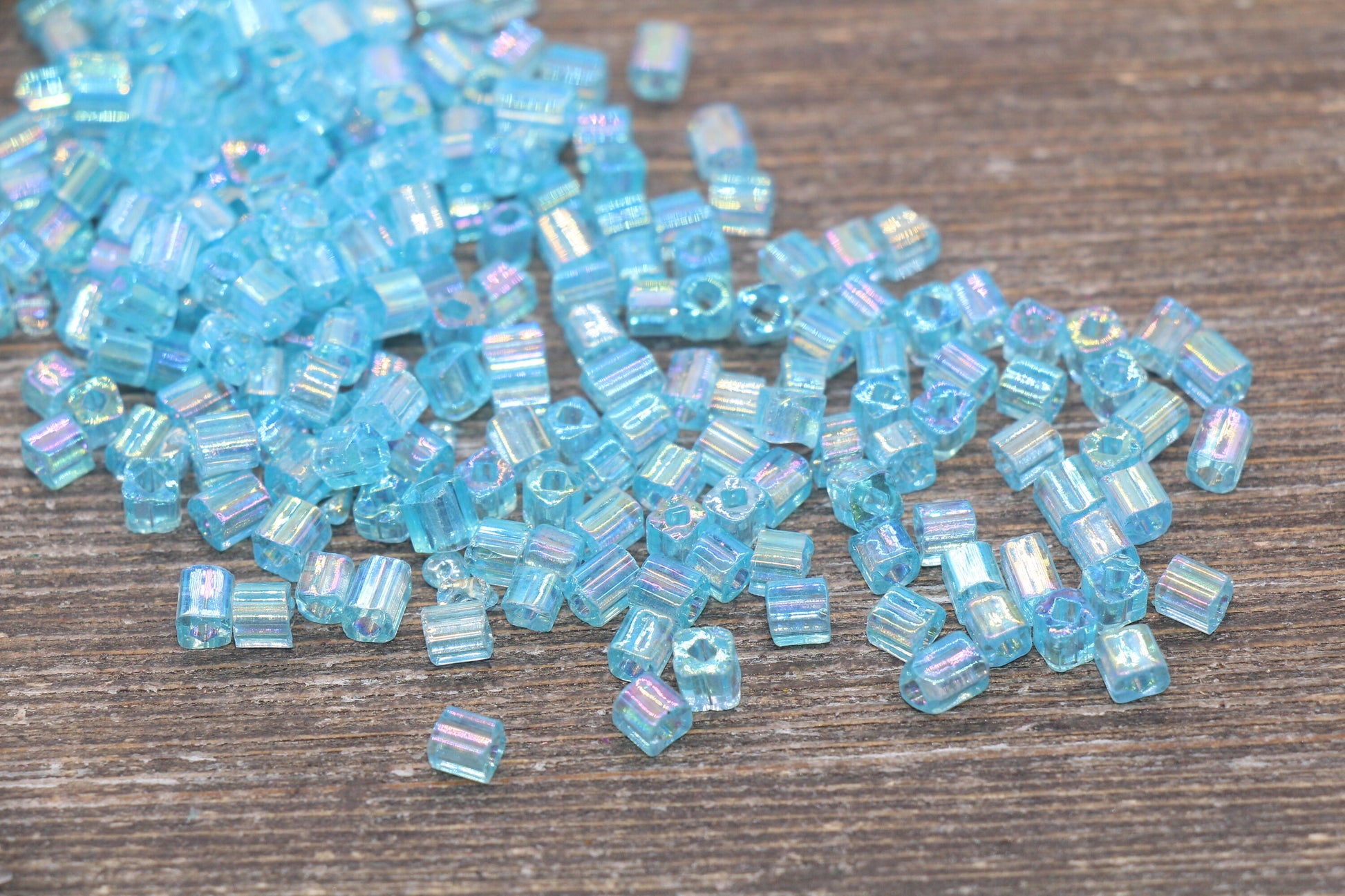 Iridescent Square Glass Beads, 4mm Cube Glass Beads, Sparkle Glass Beads, Transparent Light Blue AB Square Seed Beads, Beading Supplies#2114