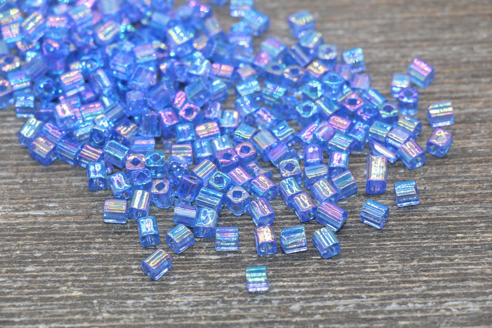 Iridescent Square Glass Beads, 4mm Cube Glass Beads, Sparkle Glass Beads, Transparent Blue AB Square Seed Beads, Beading Supplies #2123