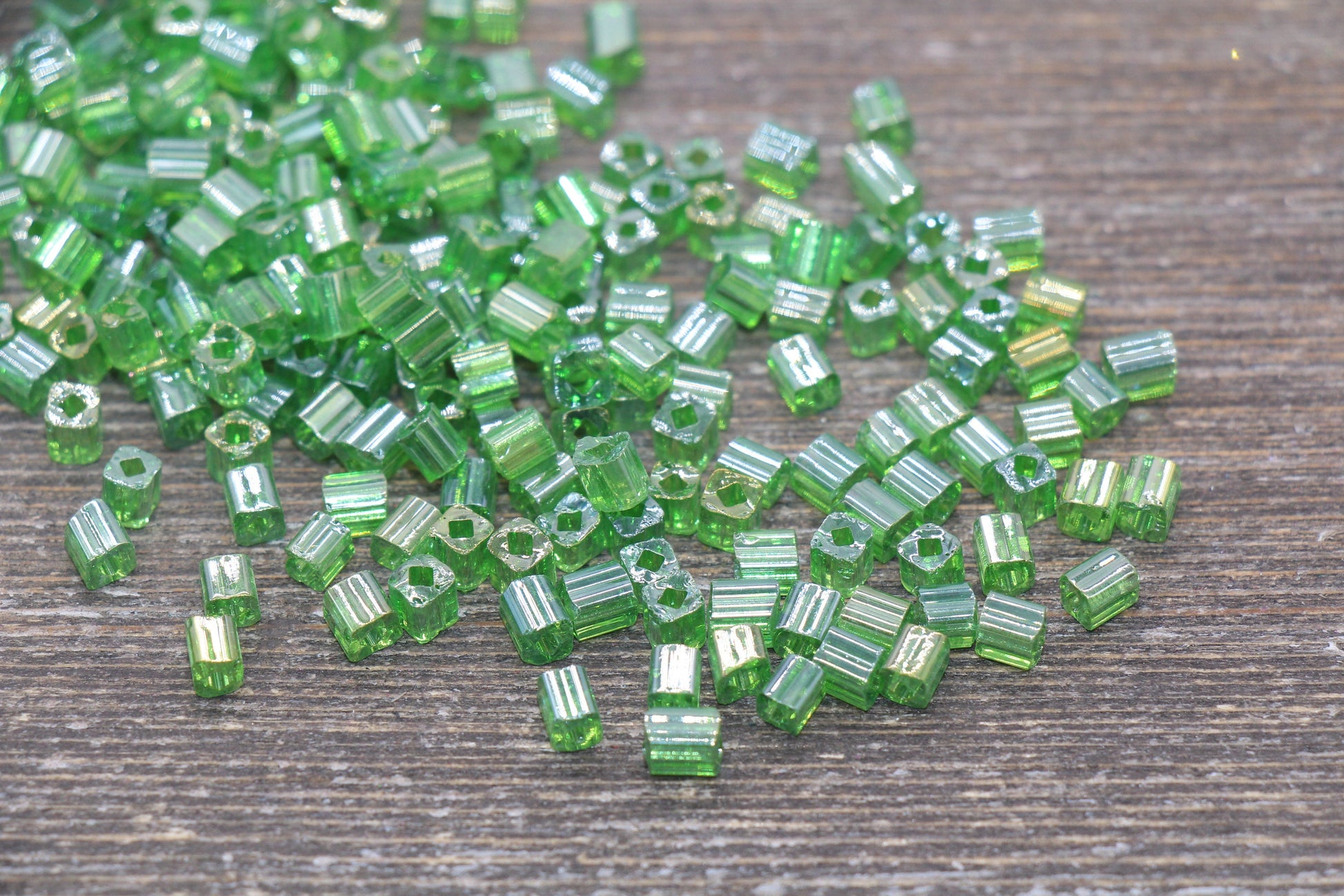 Glossy Square Glass Beads, 4mm Cube Glass Beads, Shinny Glass Bead, Transparent Green Square Seed Beads, Beading Supplies #2137