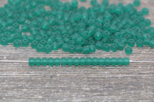 Round Matte Transparent Glass Beads, 4mm Glass Round Seed Beads, Frosted Green Trans Seed Beads, Beading Supplies #2155
