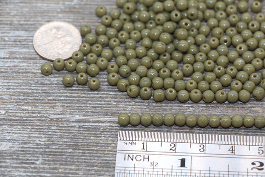 Round Green Glass Beads, 4mm Glass Round Seed Beads, Opaque Army Green Seed Beads, Beading Supplies #2167