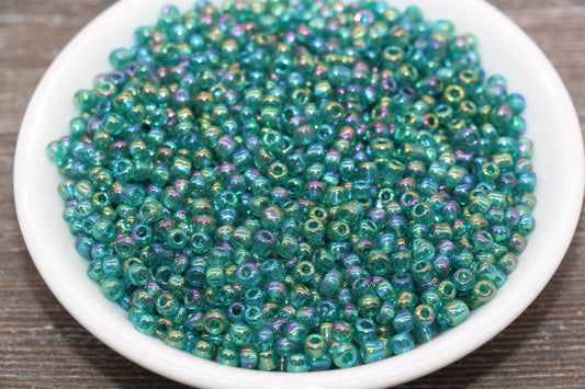 Transparent AB Glass Seed Beads, 4mm 6/0 Glass Round Beads, Teal Blue Trans Seed Beads, Rocailles Beads, Beading Supplies #1144