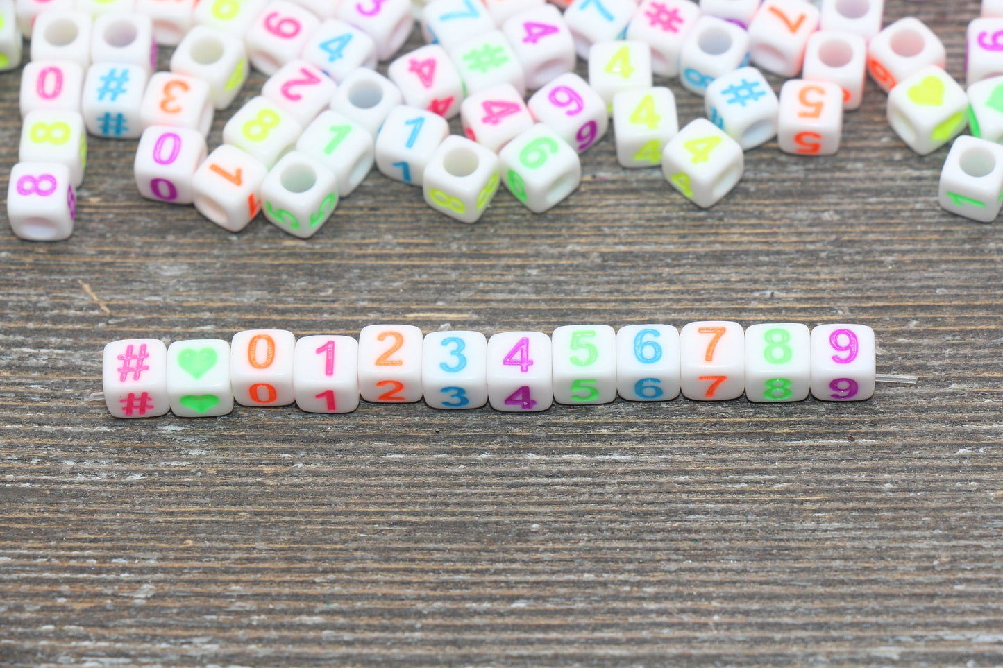 Multicolor Number Beads, Assorted Number Beads, Mix Color Cube Square Number Beads, Heart, Hashtag #, Size 6mm #2039