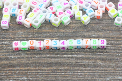 Multicolor Number Beads, Assorted Number Beads, Mix Color Cube Square Number Beads, Heart, Hashtag #, Size 6mm #2039