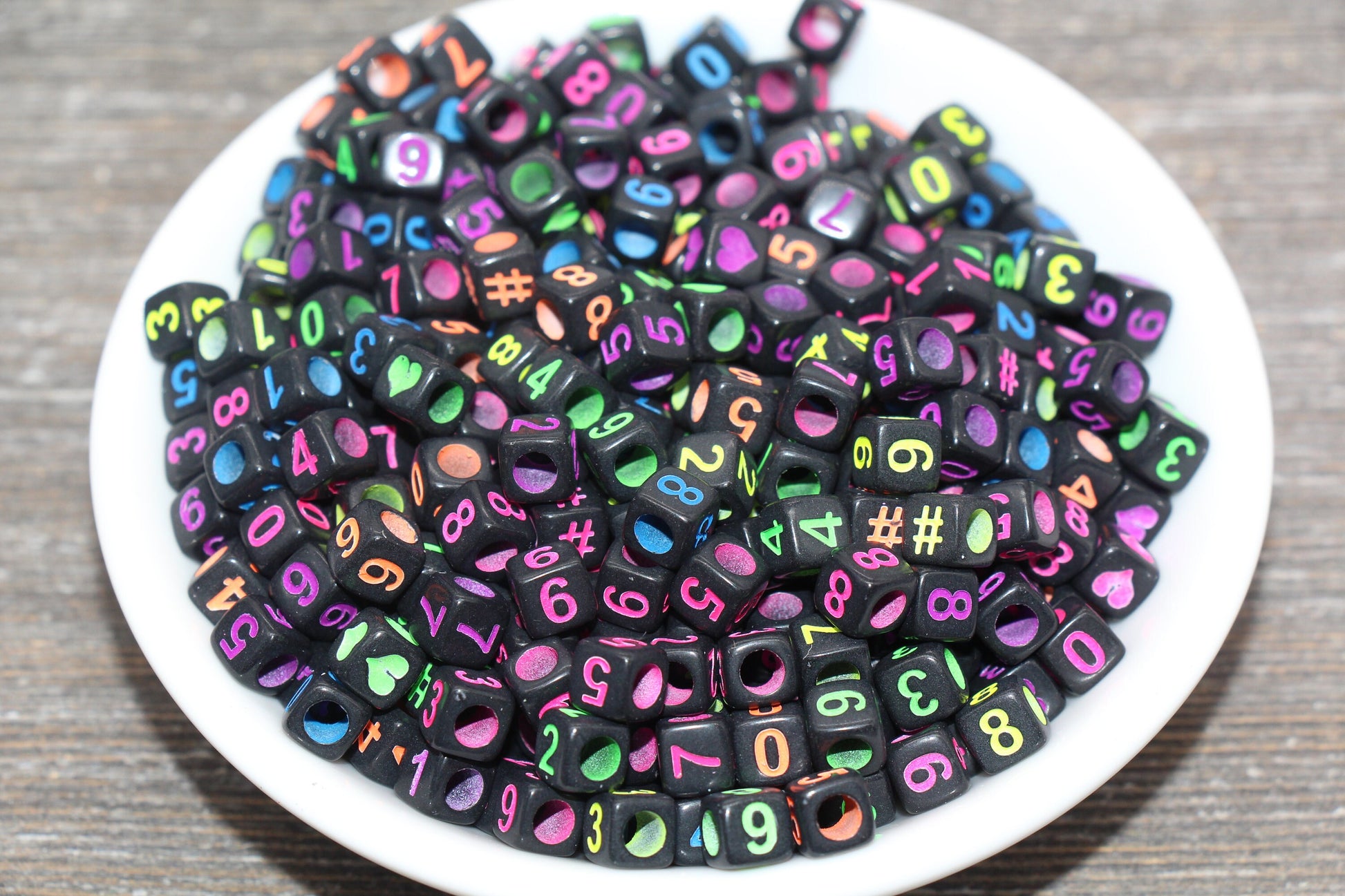 Multicolor Number Beads, Assorted Number Beads, Mix Color Cube Square Number Beads, Heart, Hashtag #, Size 6mm #2040