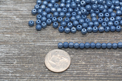 Round Dusty Blue Glossy Glass Beads, 4mm Glass Round Seed Beads, Glossy Dusty Blue Opaque Seed Beads, Beading Supplies #2181