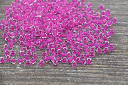 Transparent Glass Beads with Fuchsia Lined, 4mm 6/0 Glass Round Beads, Pink Lined Seed Beads, Rocailles Beads, Beading Supplies #2093