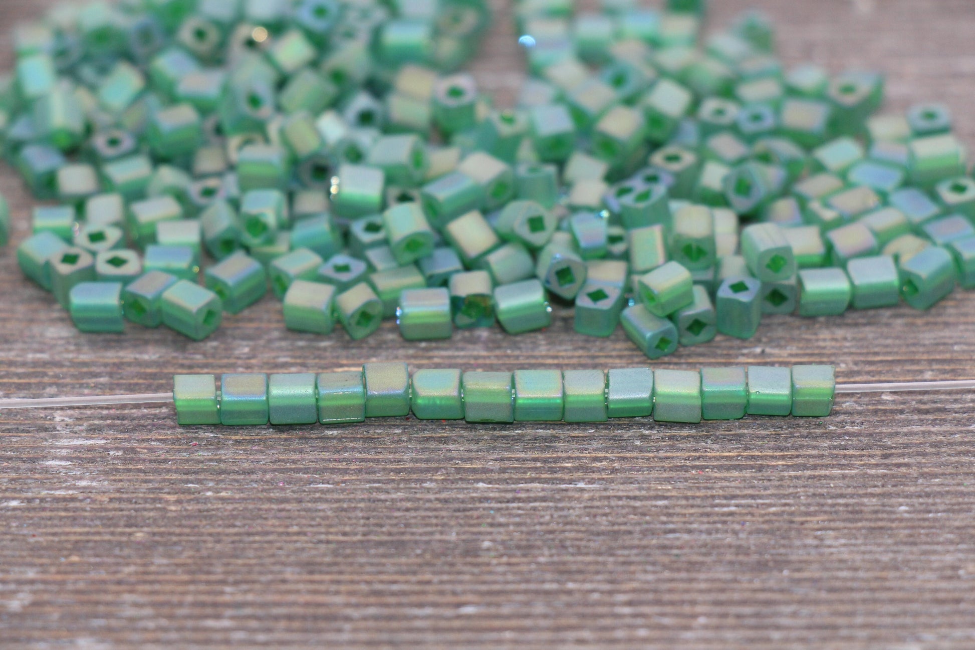 Matte Square Glass Seed Beads, 4mm Cube Glass Beads, Frosted Green AB Square Seed Beads, Iridescent Glass Beads, Beading Supplies #2099