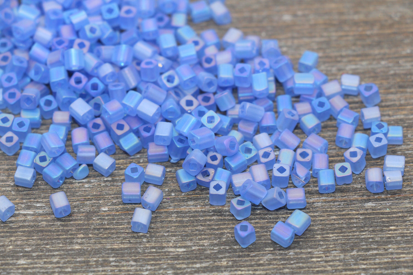 Matte Square Glass Seed Beads, 4mm Cube Glass Beads, Frosted Blue AB Square Seed Beads, Iridescent Glass Beads, Beading Supplies #2105