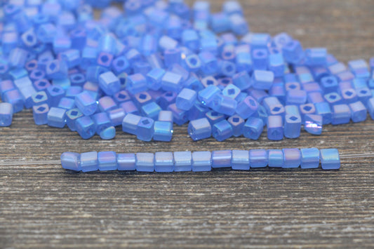 Matte Square Glass Seed Beads, 4mm Cube Glass Beads, Frosted Blue AB Square Seed Beads, Iridescent Glass Beads, Beading Supplies #2105