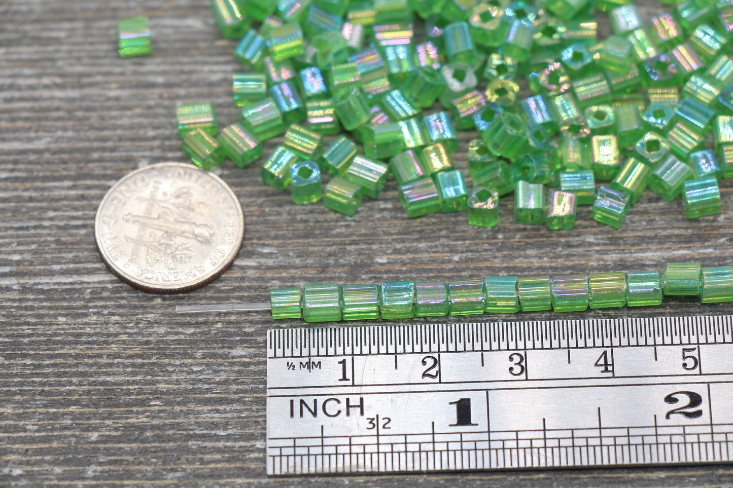 Iridescent Square Glass Beads, 4mm Cube Glass Beads, Sparkle Glass Beads, Transparent Green AB Square Seed Beads, Beading Supplies #2112