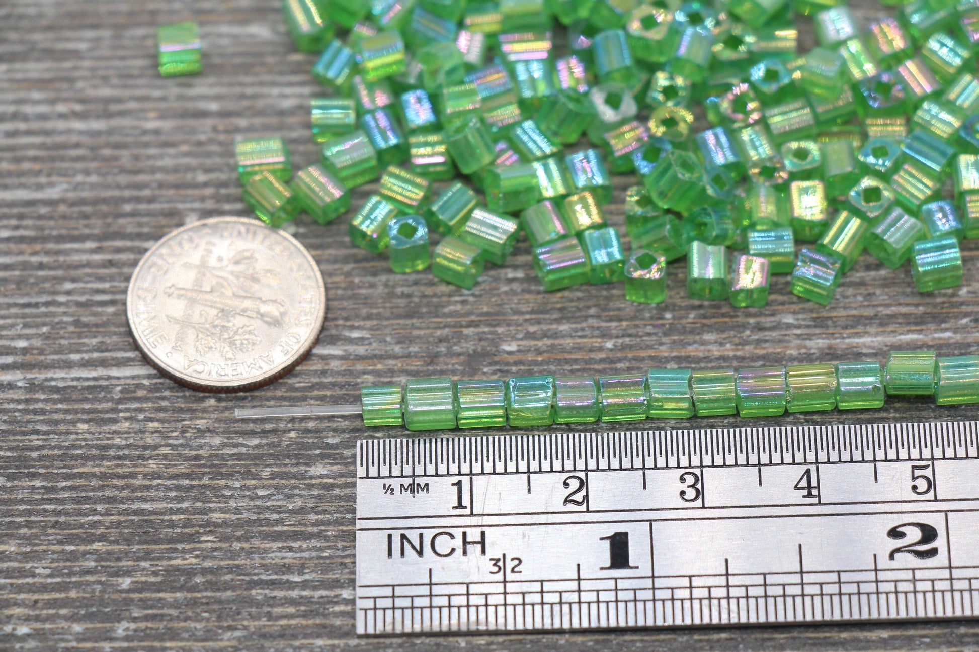 Iridescent Square Glass Beads, 4mm Cube Glass Beads, Sparkle Glass Beads, Transparent Green AB Square Seed Beads, Beading Supplies #2112