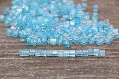 Iridescent Square Glass Beads, 4mm Cube Glass Beads, Sparkle Glass Beads, Transparent Light Blue AB Square Seed Beads, Beading Supplies#2114
