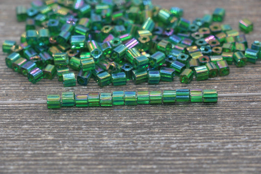 Iridescent Square Glass Beads, 4mm Cube Glass Beads, Sparkle Glass Beads, Transparent Green AB Square Seed Beads, Beading Supplies #2116
