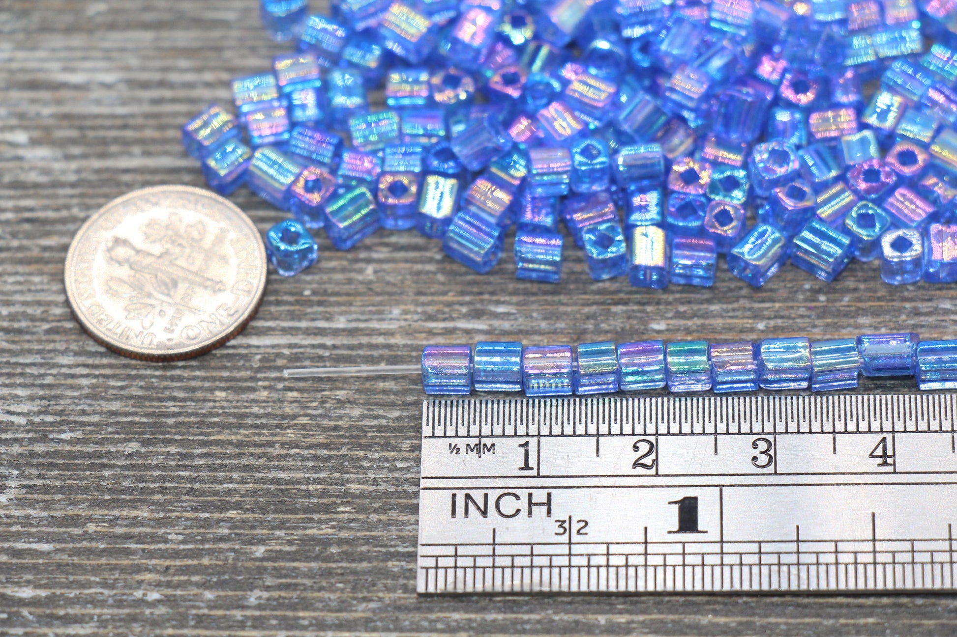 Iridescent Square Glass Beads, 4mm Cube Glass Beads, Sparkle Glass Beads, Transparent Blue AB Square Seed Beads, Beading Supplies #2123