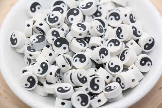 Yin Yang Polymer Clay Beads, White and Black Yin-Yang Beads, Yin Yang Round Clay Beads, Jewelry Beads, Beads for Bracelet #82