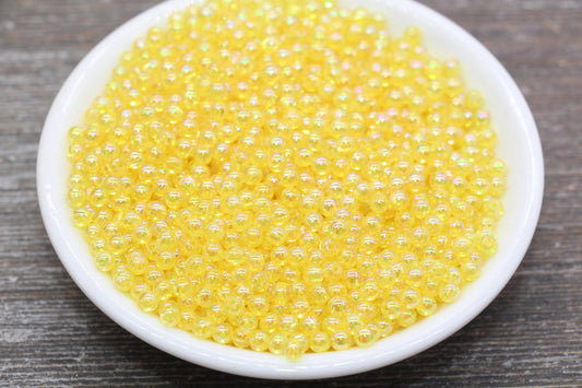 4mm Yellow AB Round Beads, Iridescent Acrylic Gumball Beads, Transparent Round Spacer Beads, Bubblegum Beads, Plastic Round Bead #2211