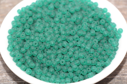 Round Matte Transparent Glass Beads, 4mm Glass Round Seed Beads, Frosted Green Trans Seed Beads, Beading Supplies #2155