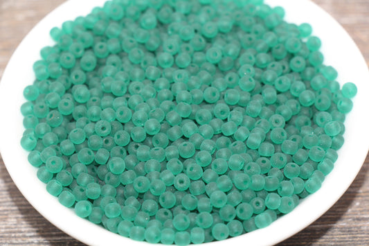 Round Matte Transparent Glass Beads, 4mm Glass Round Seed Beads, Frosted Green Trans Seed Beads, Beading Supplies #2155