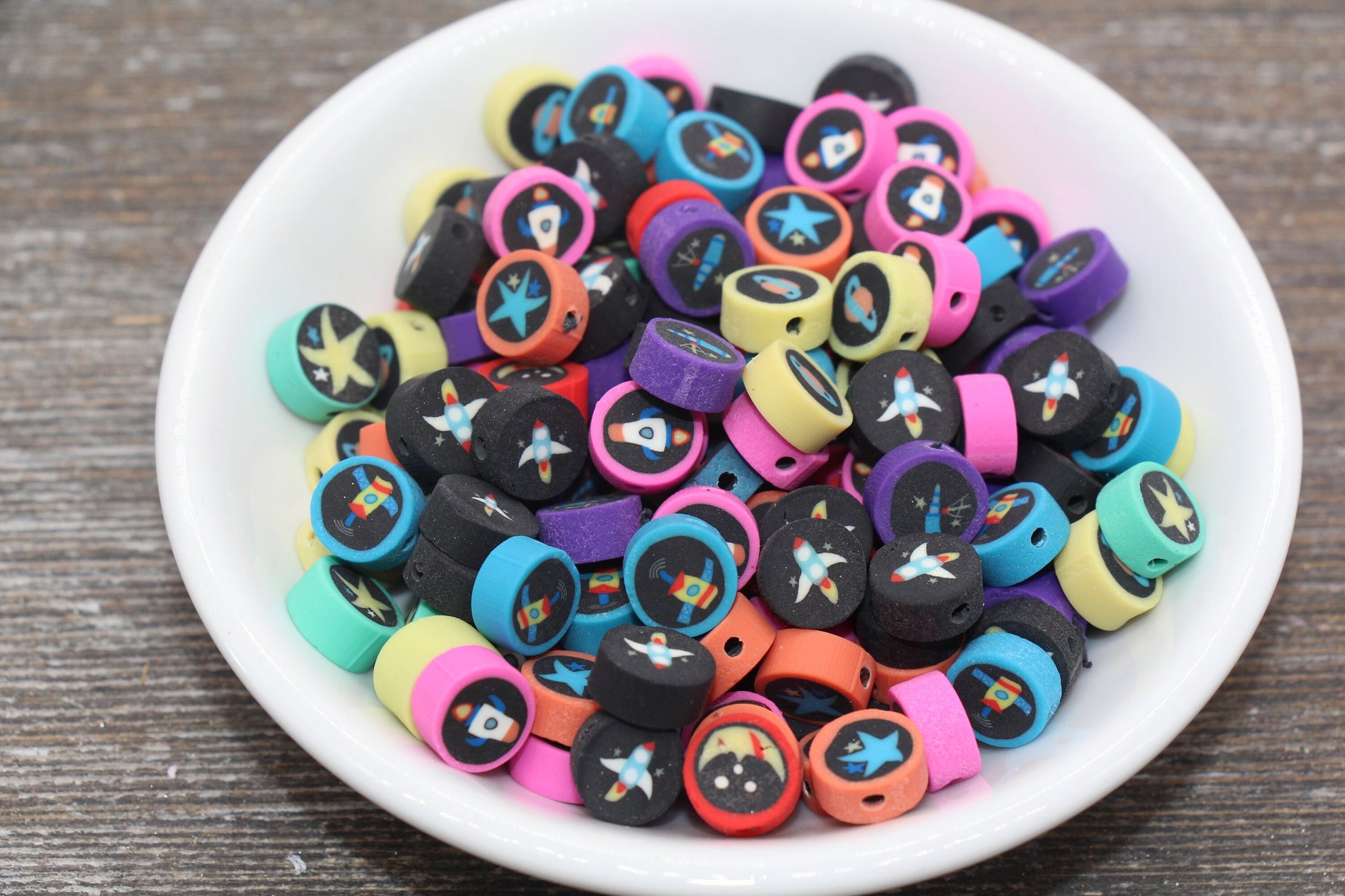 Outer Space Polymer Clay Beads, Space Universe Fimo Cane Beads, Rocket Clay Beads, Planet Beads, Spaceship Beads #67