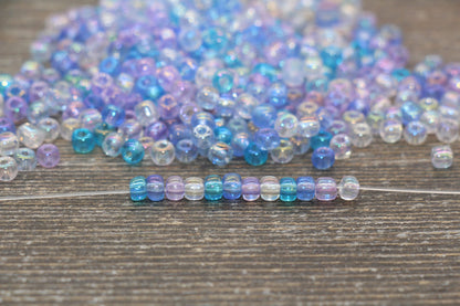 Transparent AB Glass Seed Beads, 4mm 6/0 Glass Beads, Blue, Lilac, and White Iridescent Seed Beads, Rocailles Beads, Beading Supply #2291