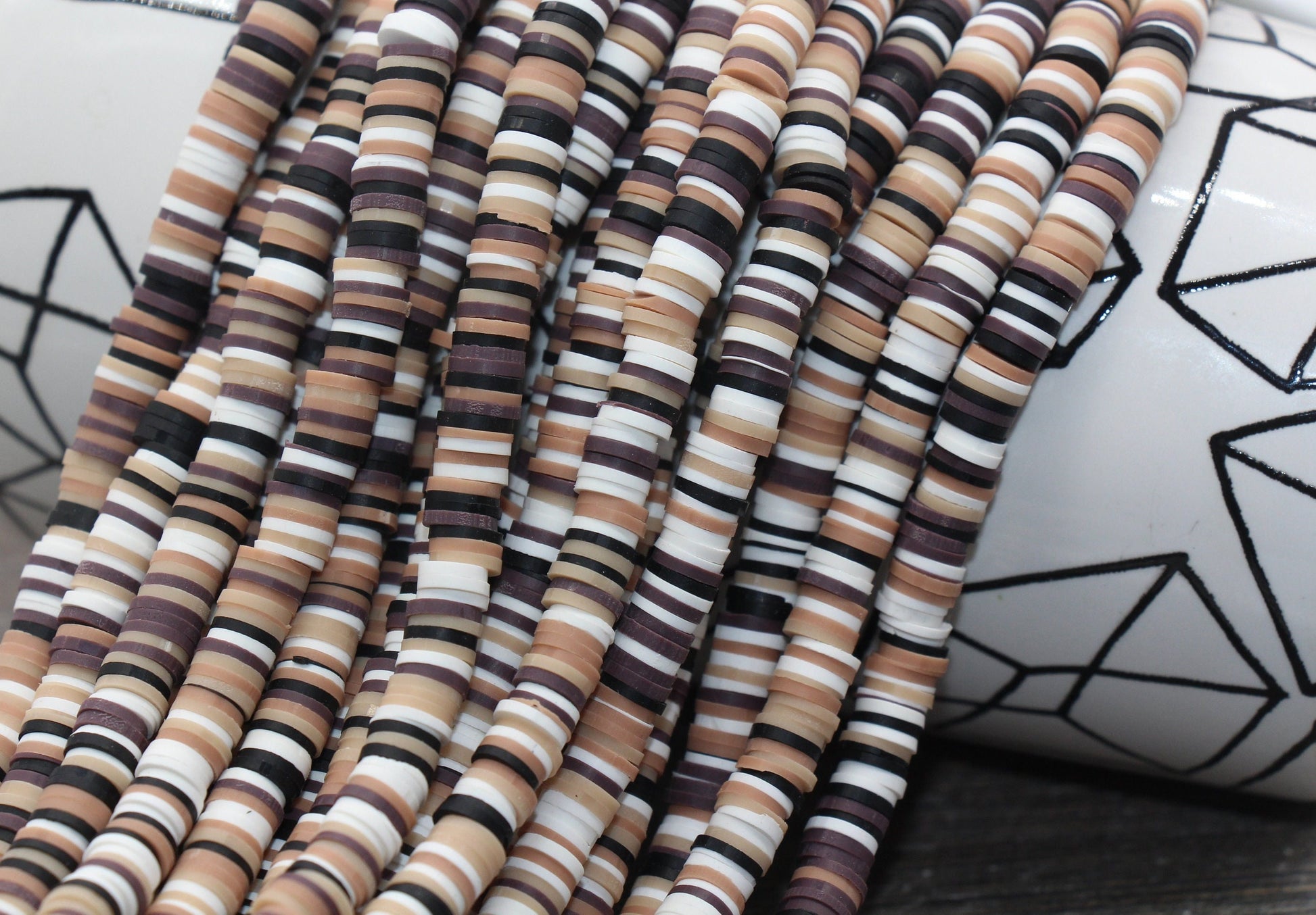 6mm Multicolored Polymer Clay Disc Beads, Brown, White and Black Mixed Heishi Beads, African Disc Beads, Vinyl Heishi, 16 inch Strand #25