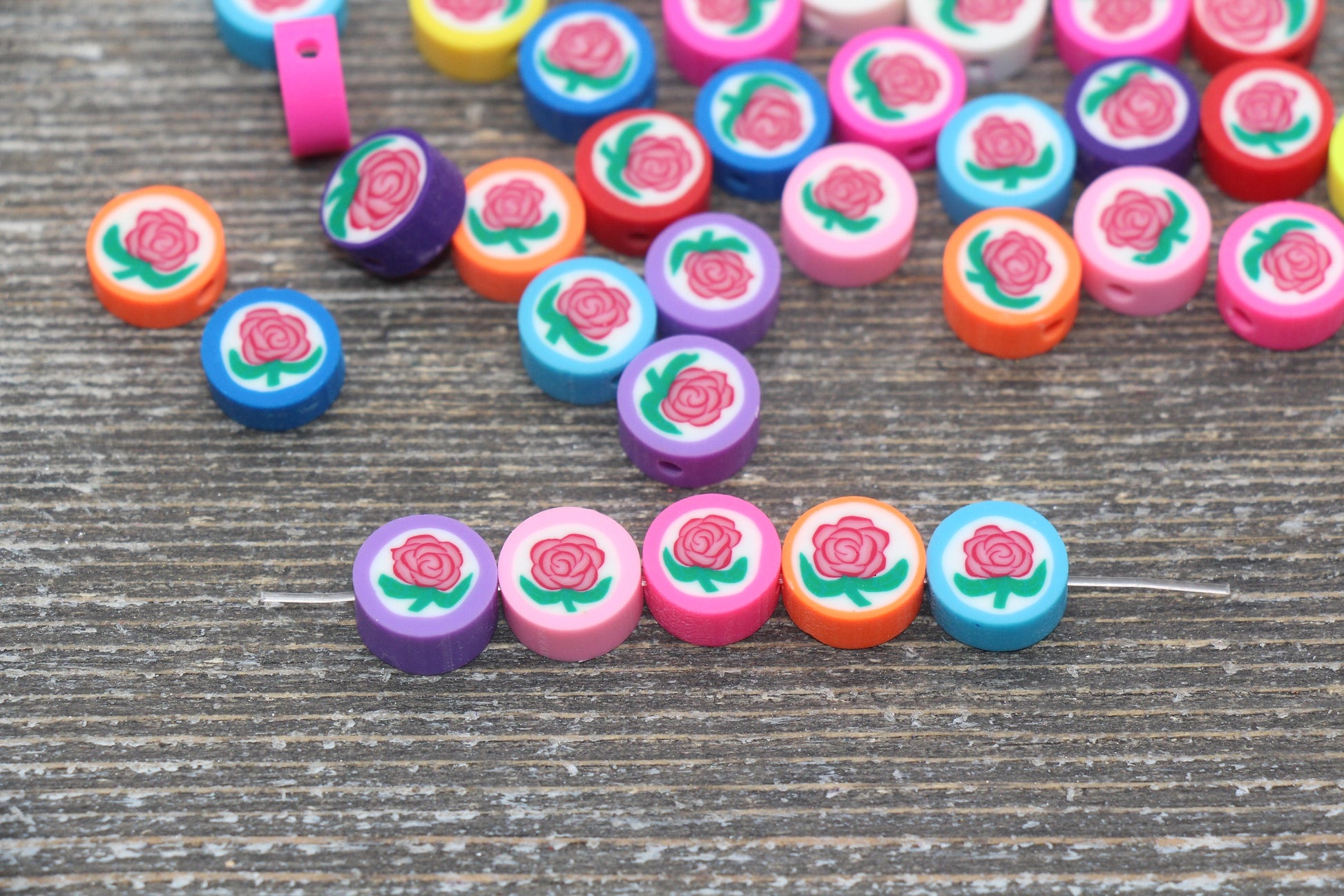 Rose Polymer Clay Beads, Multicolor Flower Clay Beads, Flower Round Beads, Clay Loose Beads, Jewelry Beads, Beads for Bracelet #109
