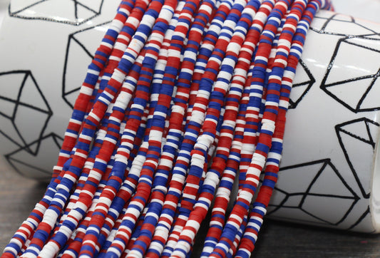 4mm Multicolored Heishi Beads, Red, Blue, and White Mix Polymer Clay Disc Beads, African Disc Beads, Vinyl Heishi, 16 inch Strand #380