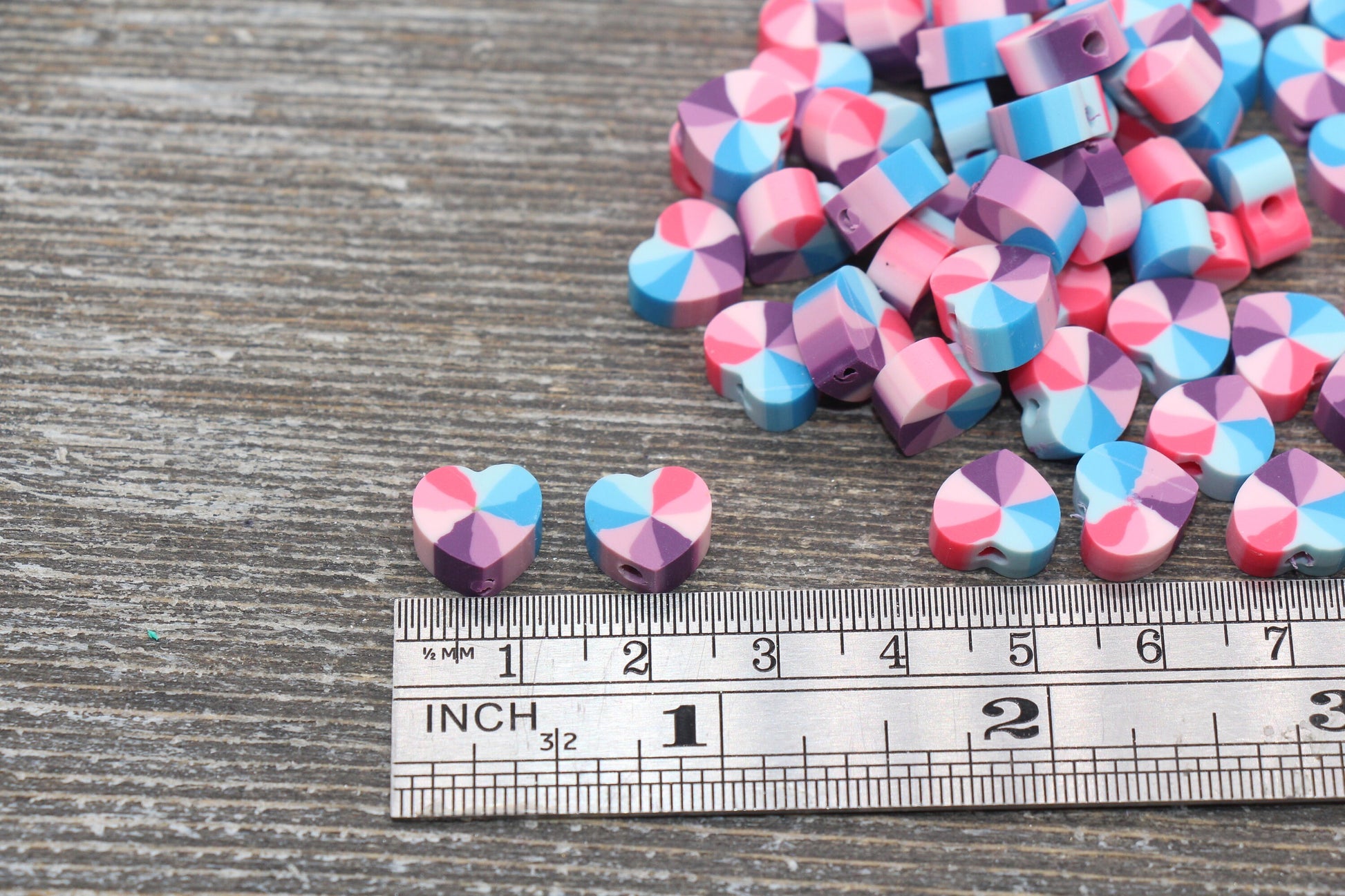 Rainbow Heart Polymer Clay Beads, Heart Cane Beads, Heart Clay Beads, Heart Clay Beads, Jewelry Beads #98
