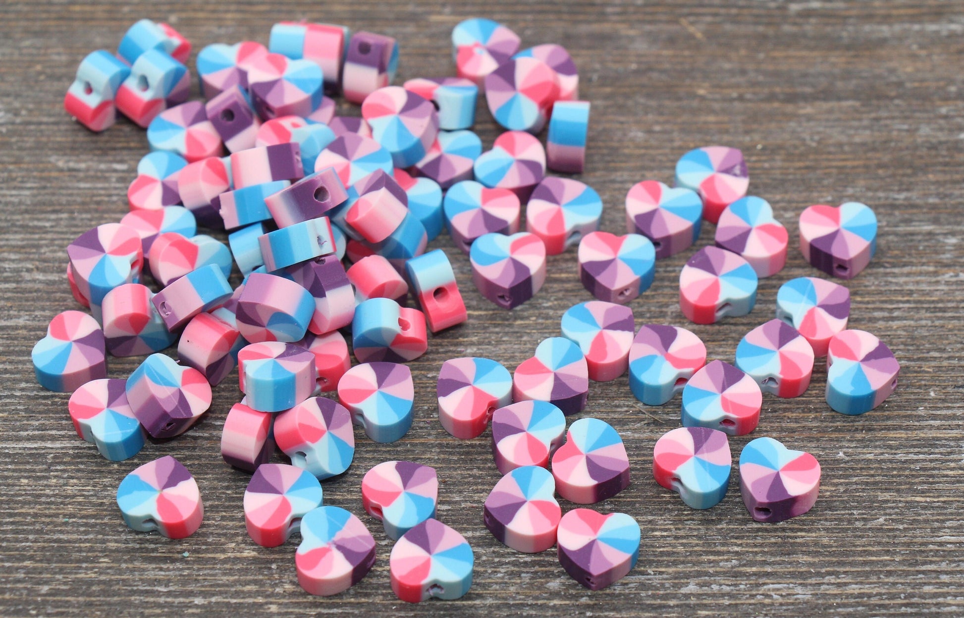 Rainbow Heart Polymer Clay Beads, Heart Cane Beads, Heart Clay Beads, Heart Clay Beads, Jewelry Beads #98