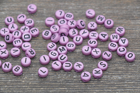 Lavender Alphabet Letter Beads, Acrylic Lavender Beads with Black Letters, Round Acrylic Beads, Initial Beads, Name Beads 7mm #356