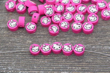 Pink Kawaii Kitty Polymer Clay Beads, Kitty Cat Clay Beads, Round Clay Beads, Jewelry Beads, Beads for Bracelet #413