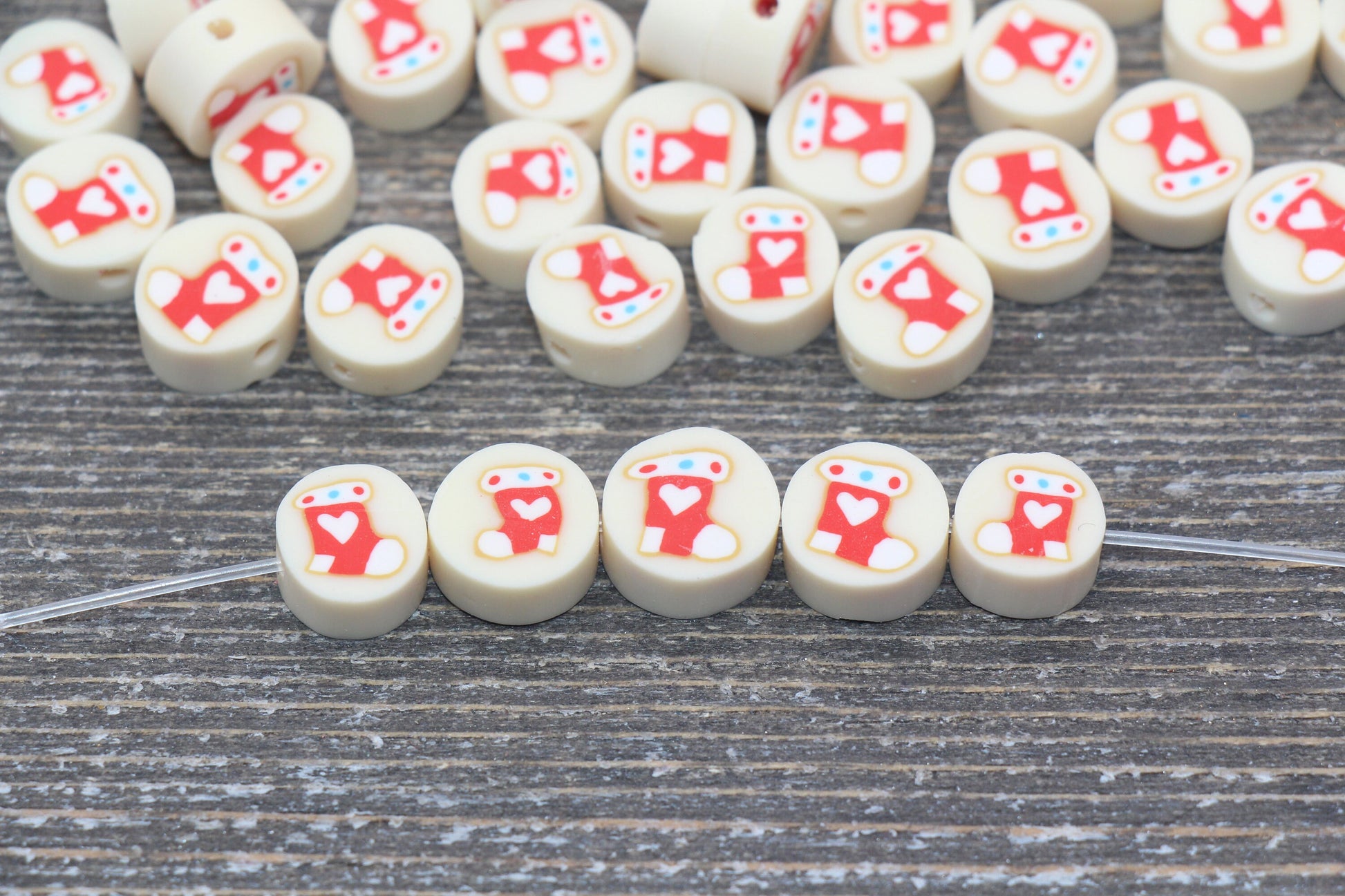 Christmas Stocking Polymer Clay Beads, Christmas Socks Fimo Cane Beads #160