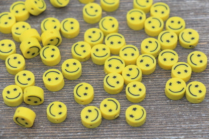 Star-Struck Smiley Face Beads, Emoji Polymer Clay Beads, Kawaii Smiling Face, Jewelry Beads, Beads for Bracelet #165